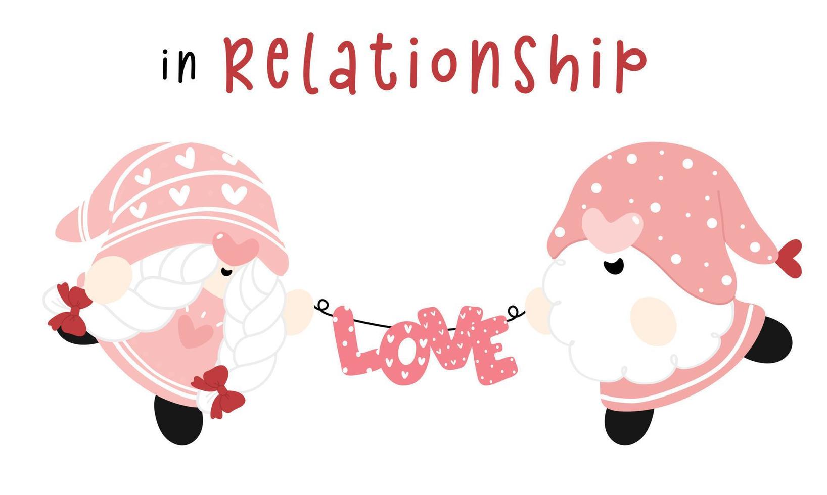 cute couple Valentine Gnomes in relationship holding love text flag, flat vector cartoon hand drawn