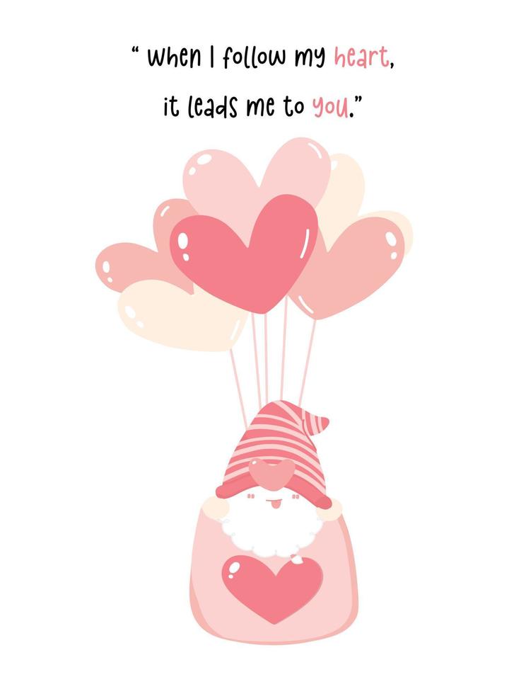Cute Valentine Gnome in heart shape balloons cartoon flat vector