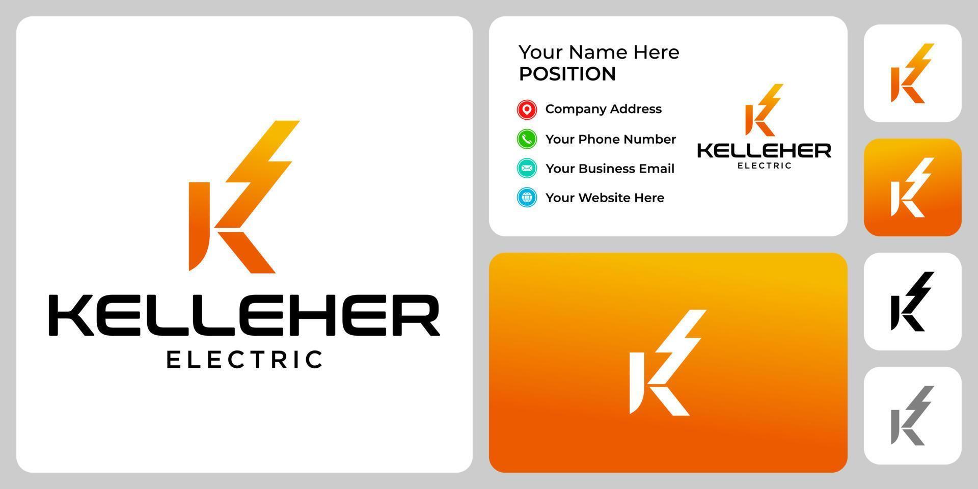 Letter K monogram electric logo design with business card template. vector