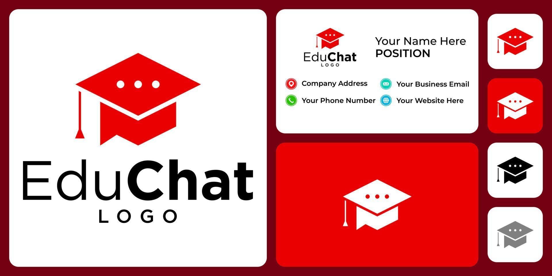 Chat icon and academic hat logo design with business card template. vector