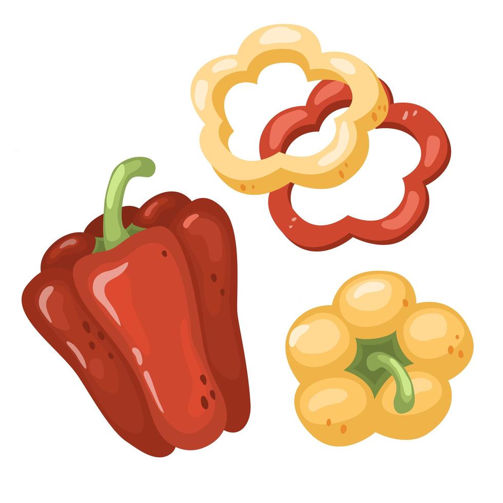 set of bell peppers on a white background. Yellow and red paprika, slices, rings. Vector illustration of vegetables in a cartoon simple flat style