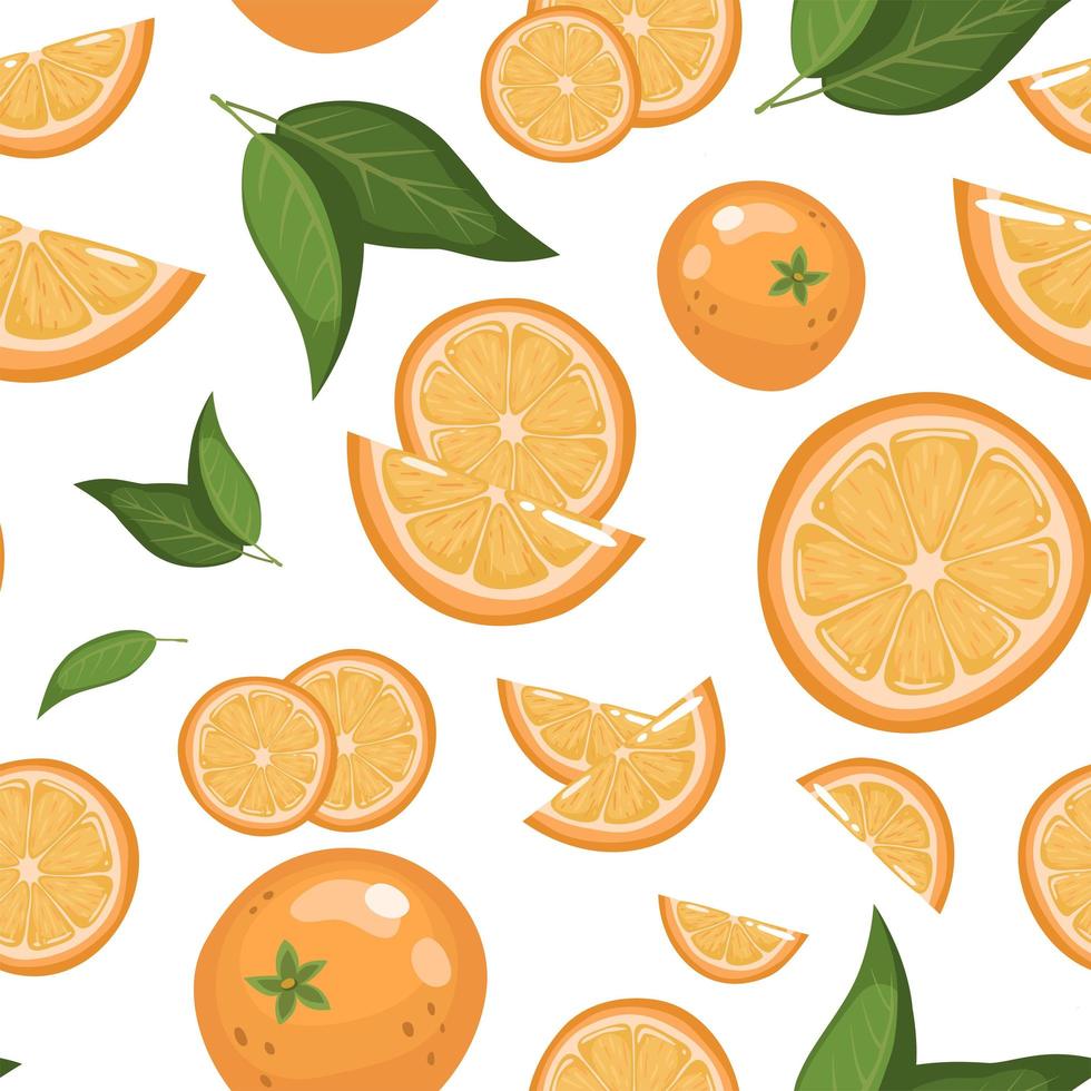 fondo transparente de naranjas maduras sobre un fondo blanco. frutas enteras, mitades, rodajas y anillos. patrón vectorial en un estilo plano simple de dibujos animados. vector