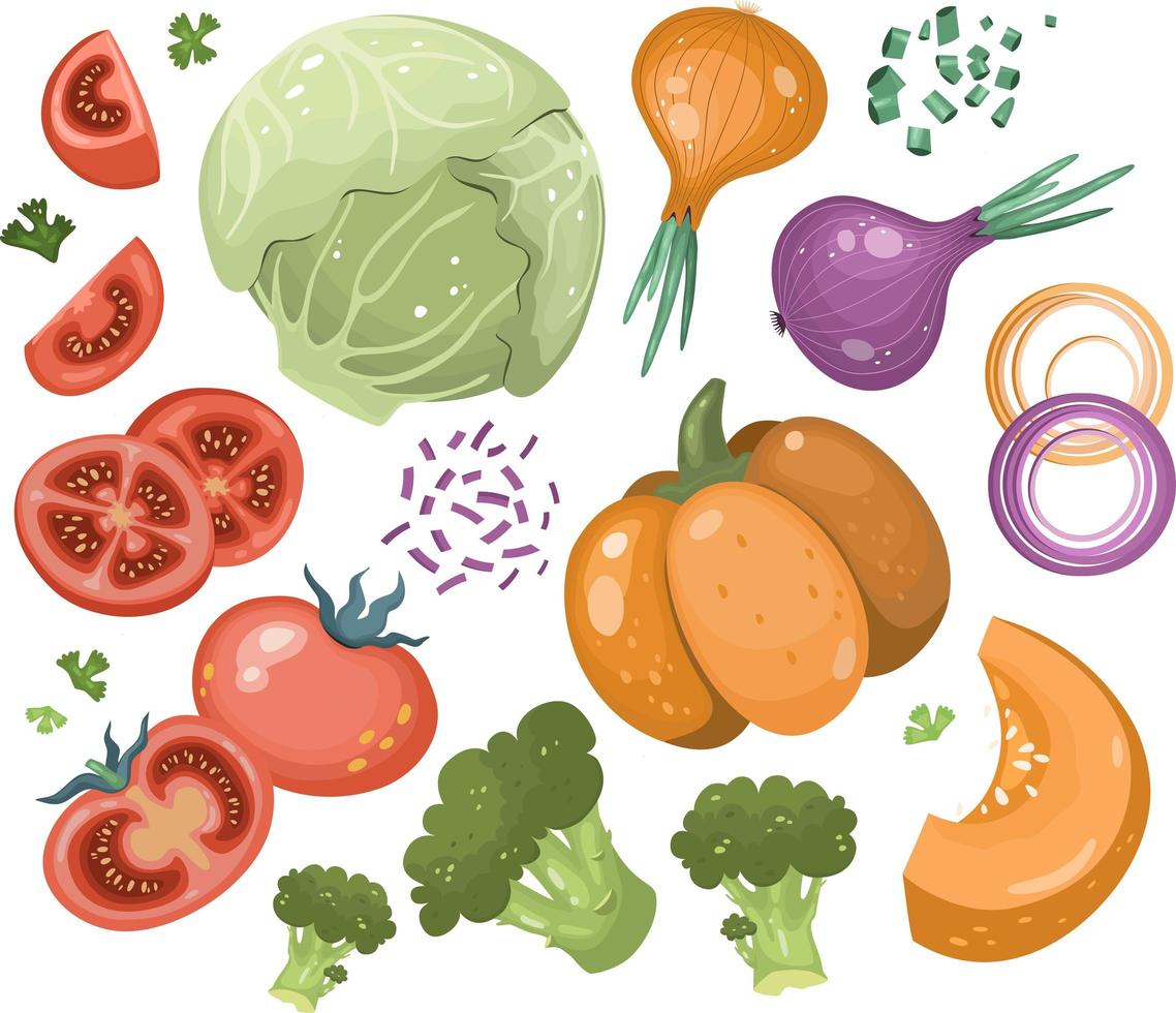 set of vegetable icons in cartoon style. Vector collection for farm products, restaurant menus, trade labels and recipes