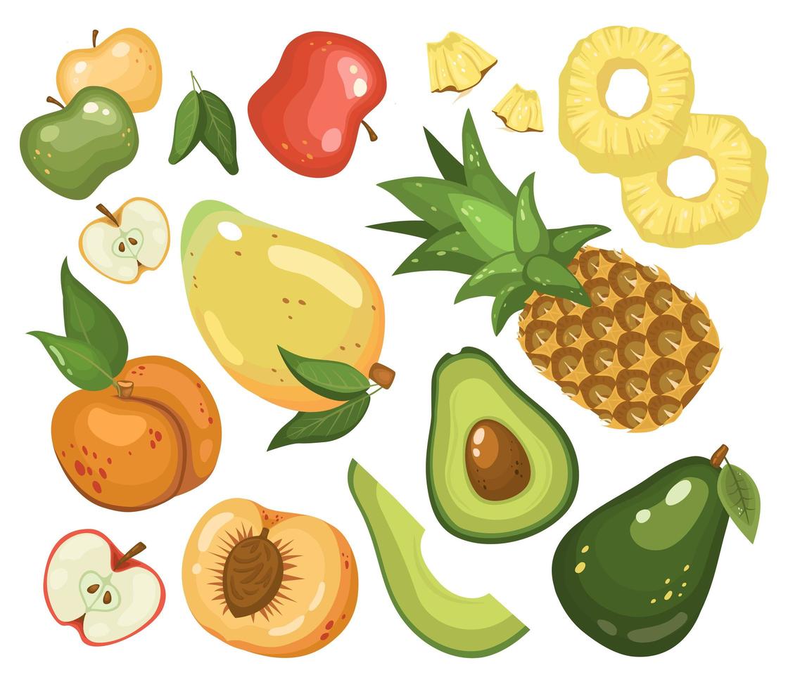 conjunto de frutas. comida vegetariana saludable. mango, piña, manzanas, melocotón, aguacate. ilustración vectorial en estilo de dibujos animados vector