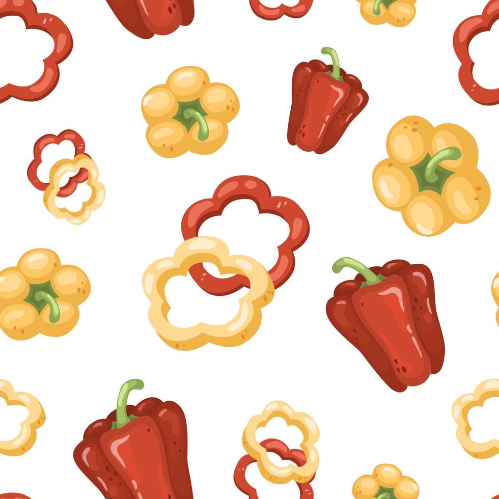 conjunto de pimientos sobre un fondo blanco. pimentón amarillo y rojo, rodajas, anillos. ilustración vectorial de verduras en un estilo plano simple de dibujos animados vector