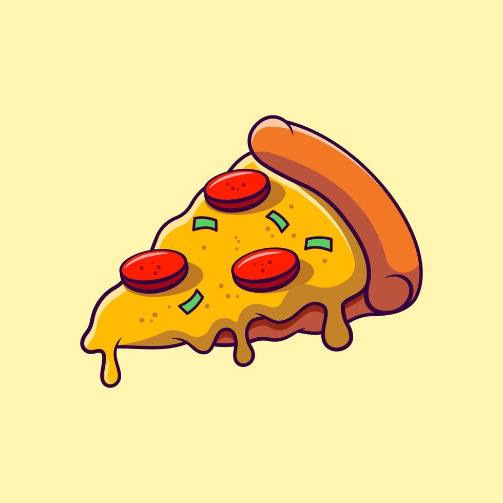 Vector illustration of a slice of pizza in cartoon style. Suitable for design element of pizza restaurant and Italian food menu . Tasty delicious pizza illustration.