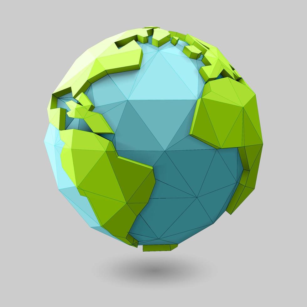 Low poly style earth globe. World globe illustration with green polygonal geometric map of the land. Vector 3D polygon planet icon design.