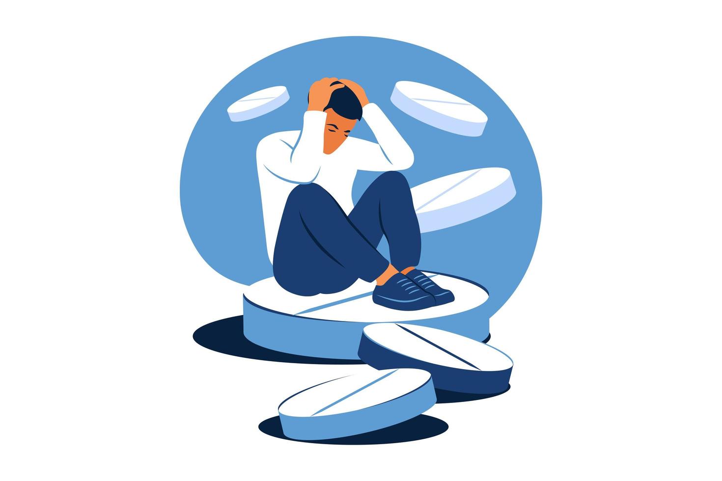 Concept of medication treating illness or disorder. Concept of antidepressants. Depressed man is sitting on big pill. Medicine. Flat. Vector illustration.
