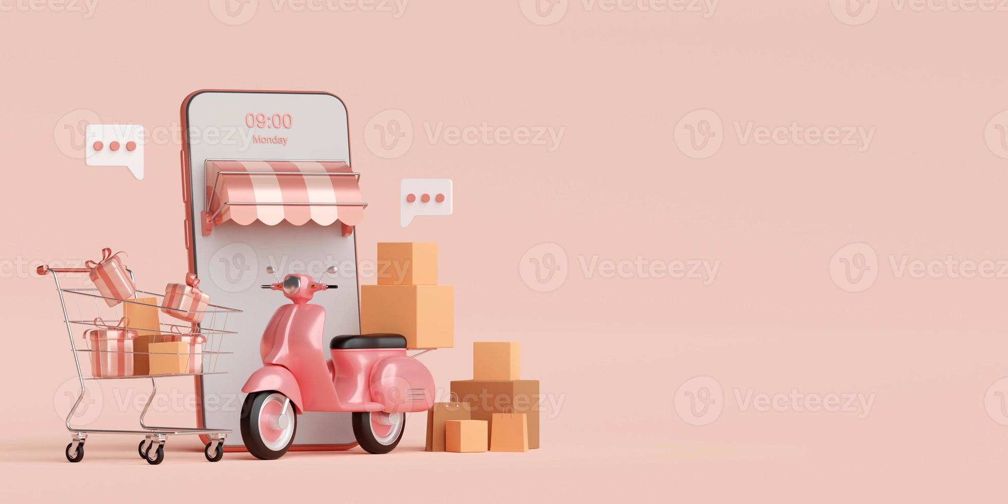 Delivery service on mobile application, Transportation delivery by scooter, 3d rendering photo
