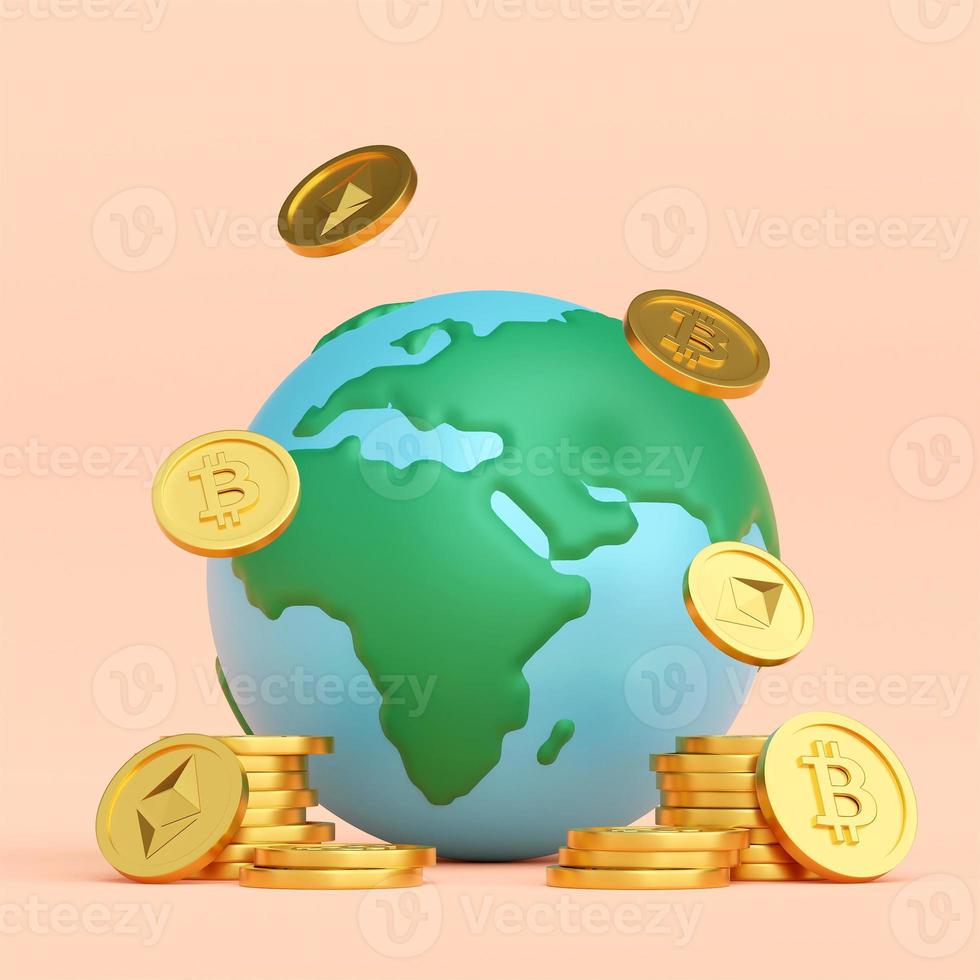 Globe with cryptocurrency BTC ETH, 3d illustration photo