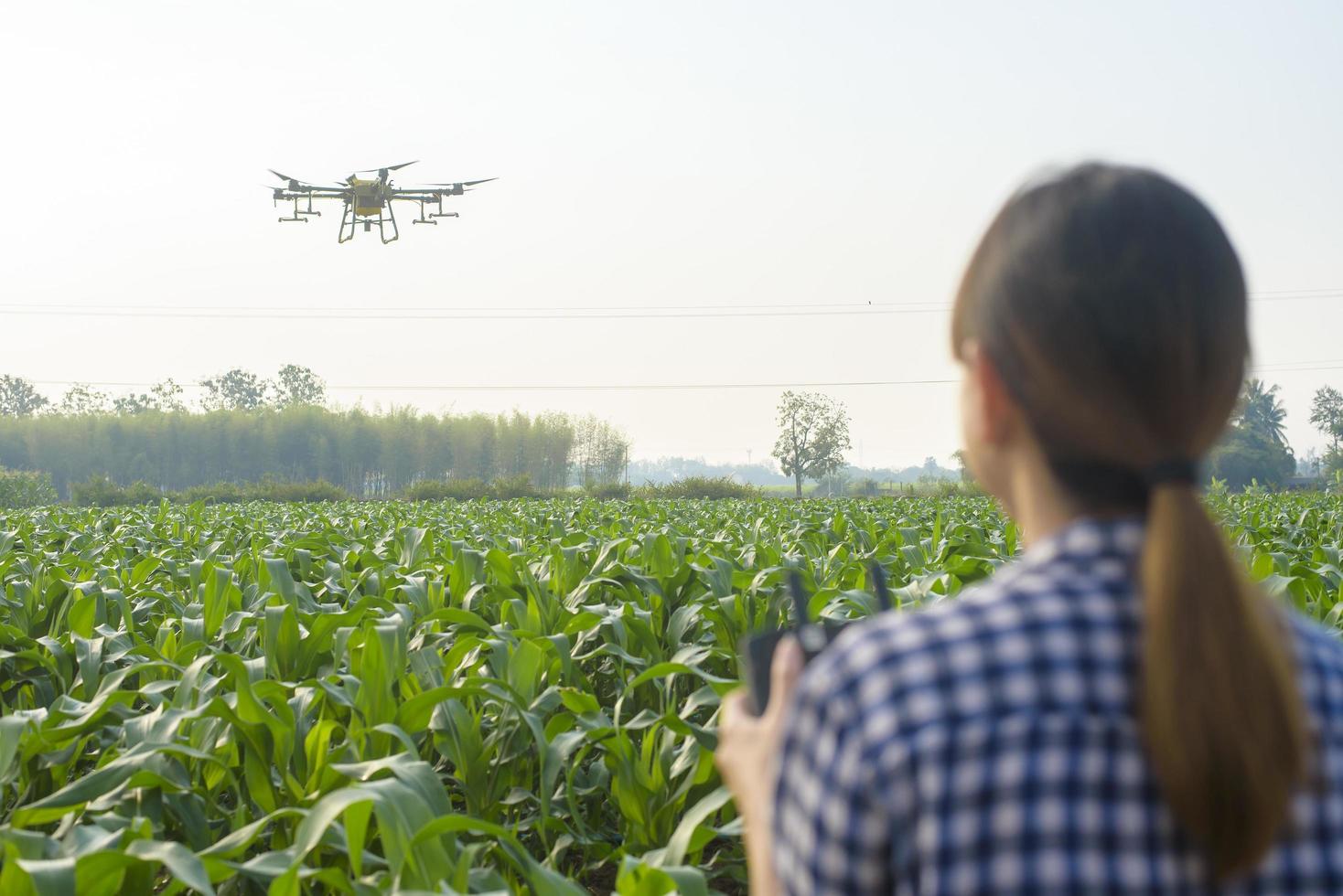 joven agricultor inteligente que controla la fumigación de fertilizantes y pesticidas con drones sobre tierras de cultivo, innovaciones de alta tecnología y agricultura inteligente foto