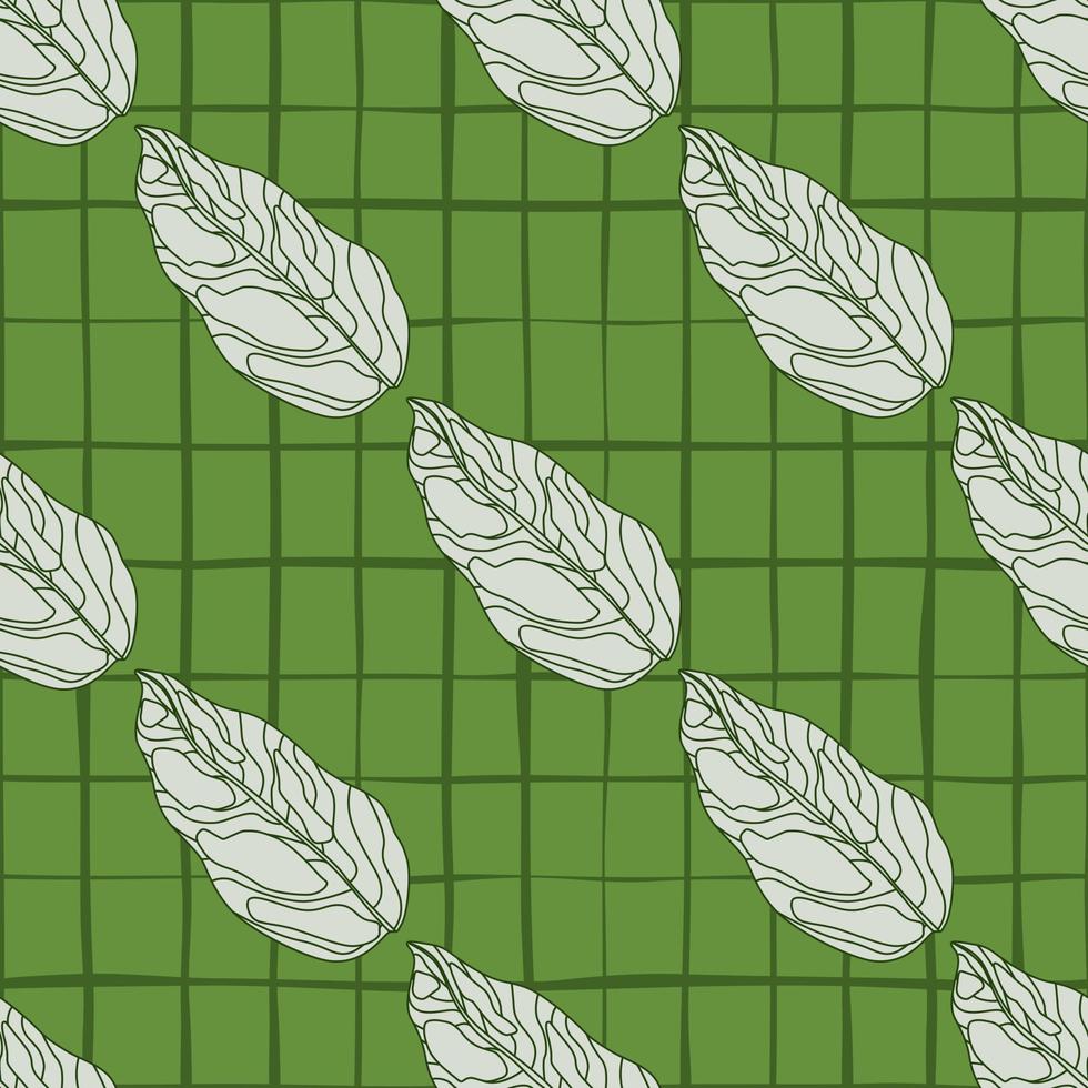 White outline leaf silhouettes seamless creative pattern. Botanic ornament on green chequered background. vector