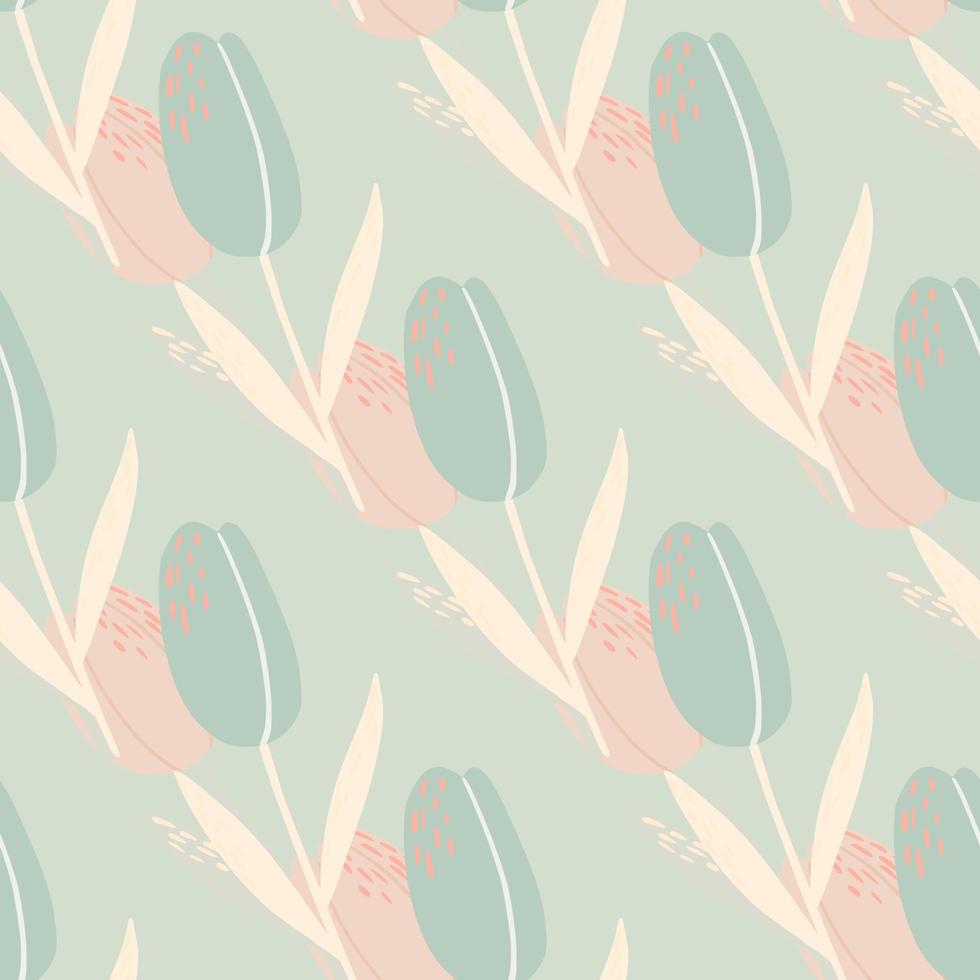 Seamless tulip pattern in pale palette. Blue and pink soft colored stylized botanic flower artwork. vector