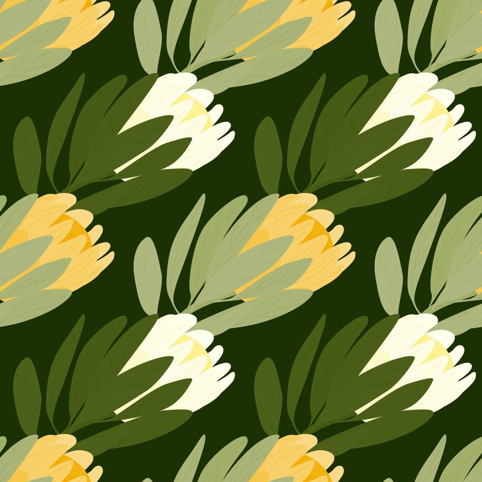 Bloom nature seamless pattern with green leaves and white and yellow protea flowers shapes. Doodle artwork. vector