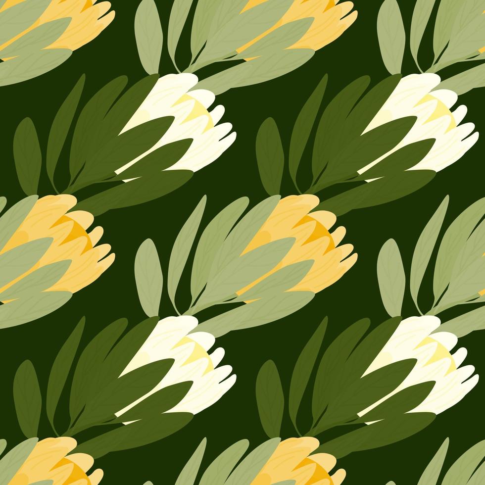 Bloom nature seamless pattern with green leaves and white and yellow protea flowers shapes. Doodle artwork. vector