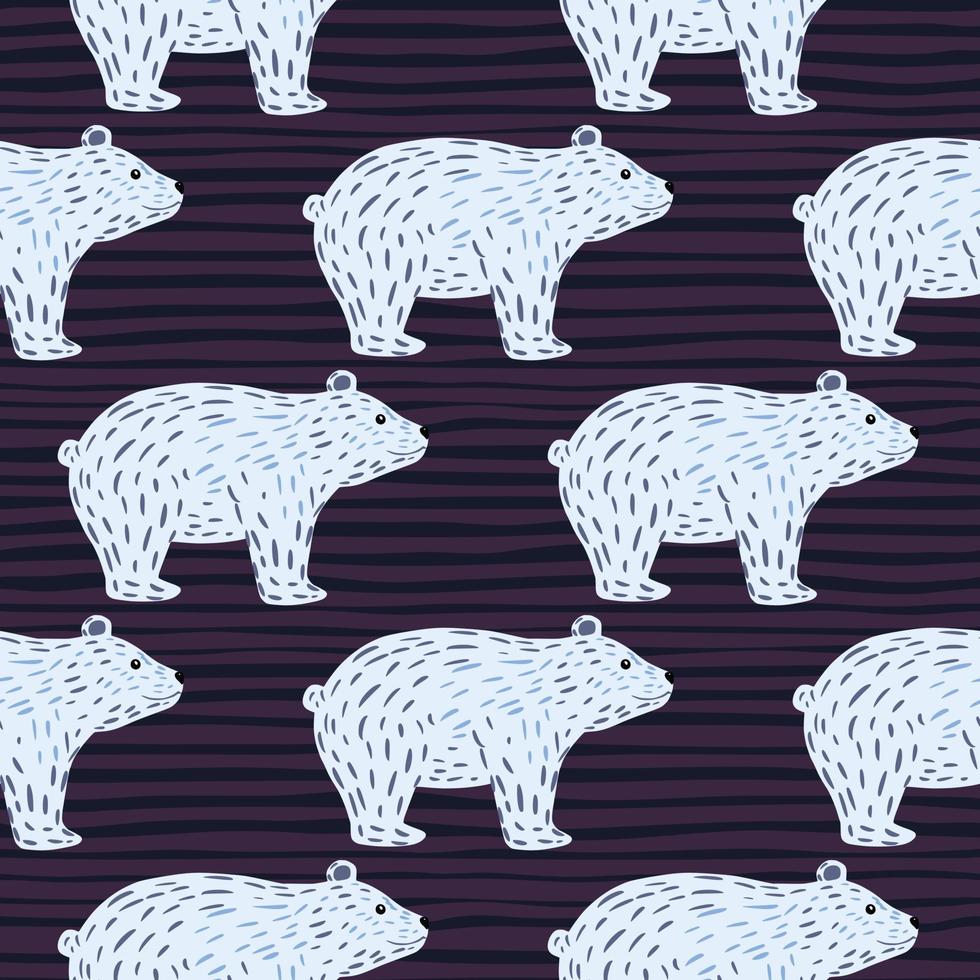 Exotic wild animal seamless pattern with light blue polar bear ornament. Dark striped background. vector