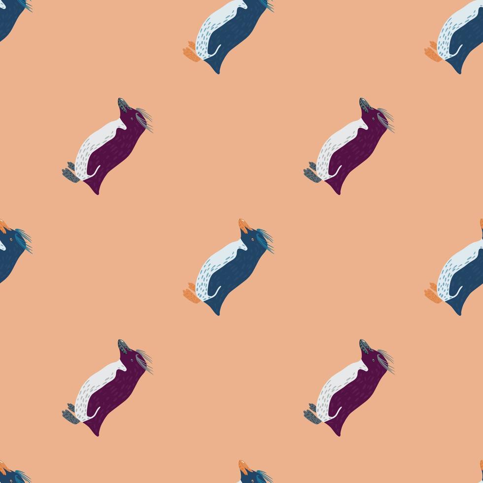 Decorative crested penguins silhouettes seamless doodle pattern. Arctic fauna print with pastel beige background. vector