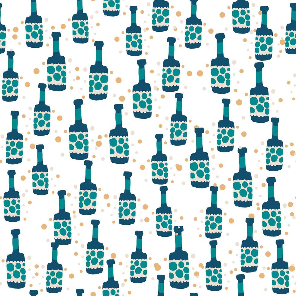 Alcohol rum bottles on white background. Doodle glass bottle seamless pattern. vector
