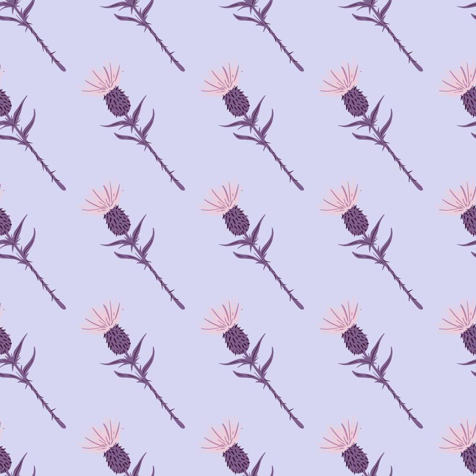 Purple and pink colored burdock flowers seamless pattern. Blue background. Spring creative print. vector