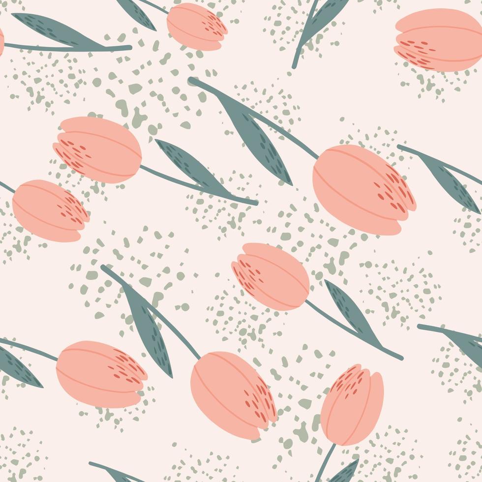 Random seamless pattern with pink tulip simple silhouettes. Light pastel background with splashes. vector