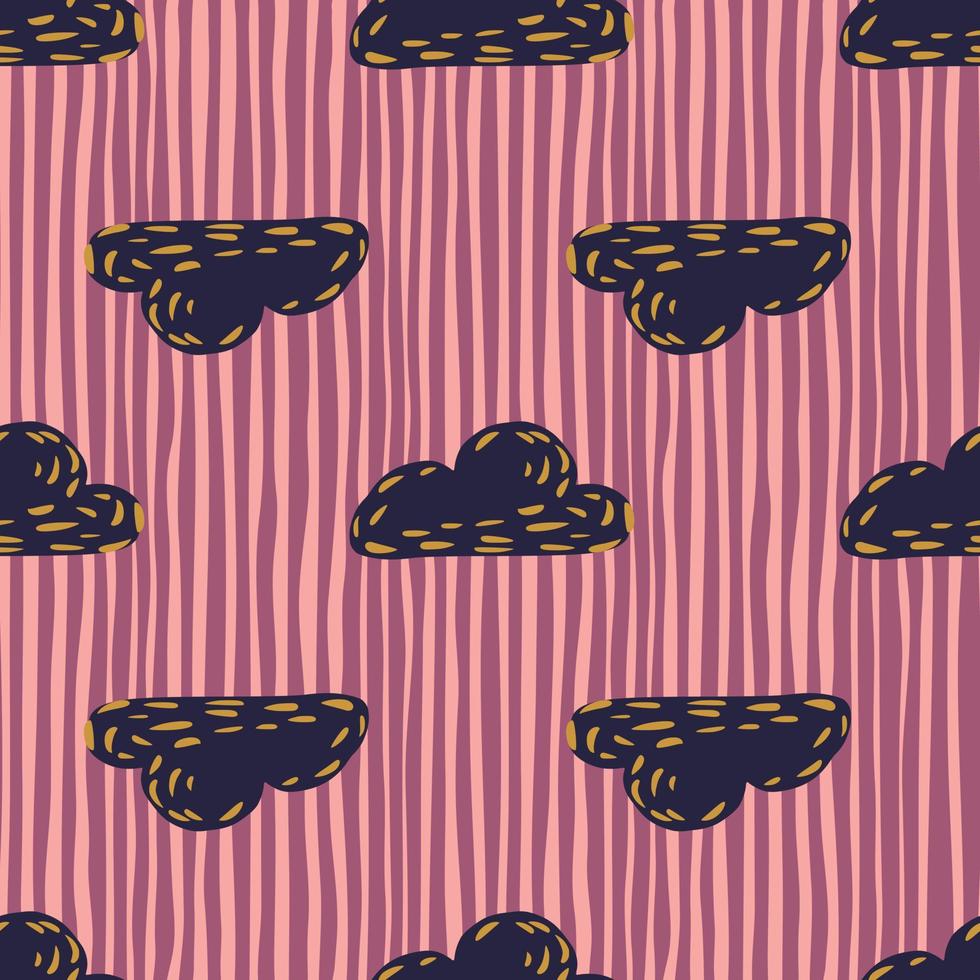 Dark navy blue dashes clouds ornament seamless pattern. Pink and purple striped background. Simple sky backdrop. vector