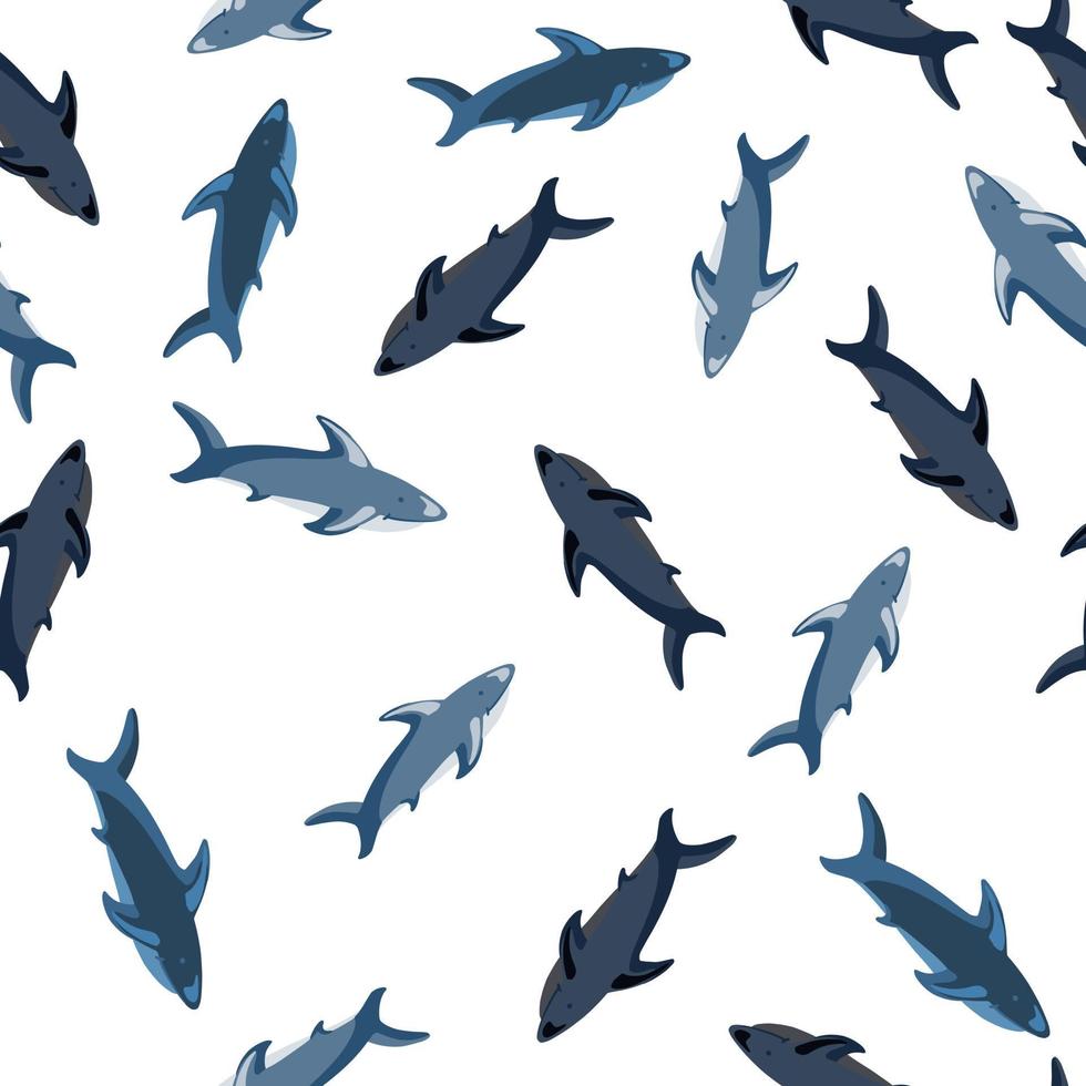 Isolated seamless pattern with random blue sharks random print. White background. Scrapbook doodle ornament. vector