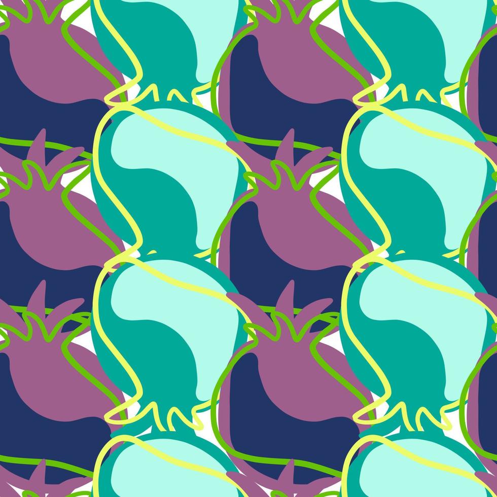 Blue and purple contoured abstract pomegranate shapes ornament. Seamless pattern. Food fruit shapes. vector