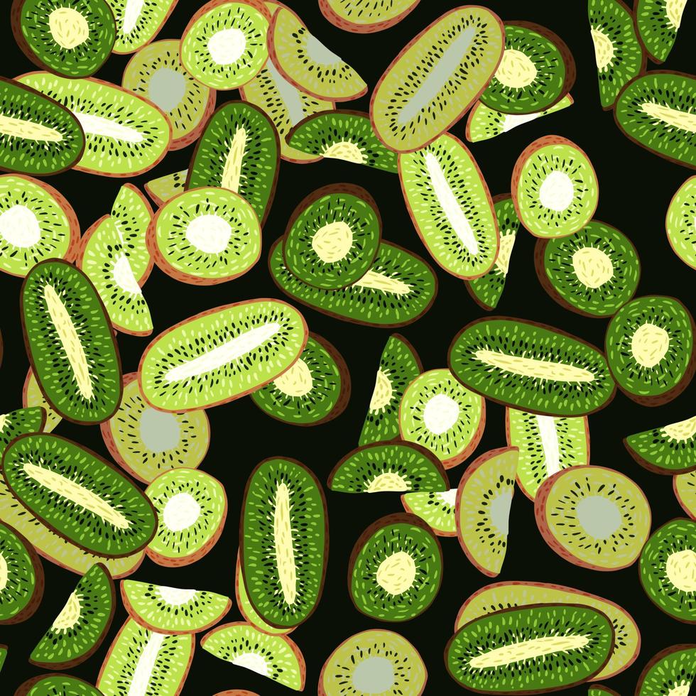 Random green kiwi slices seamless doodle pattern. Abstract contrast food ornament. Black background. vector