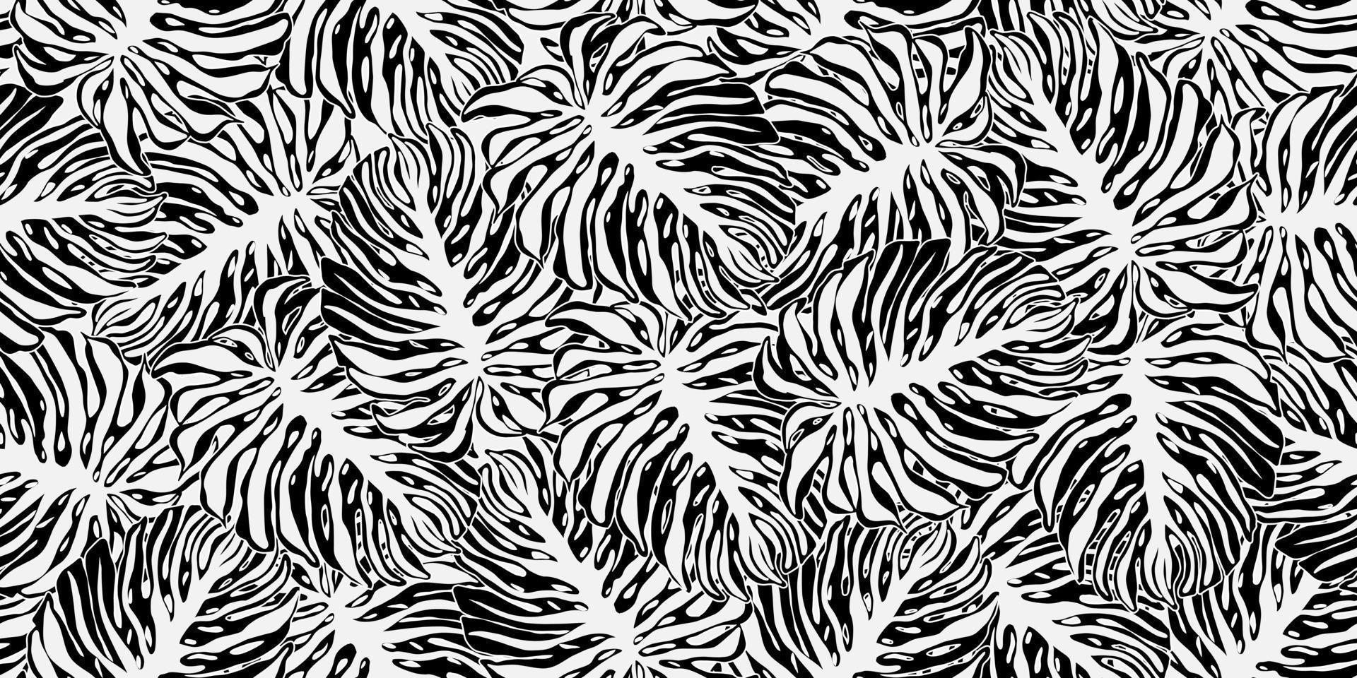 Black and white jungle leaves seamless pattern. Monochrome tropical pattern, monstera palm leaves seamless. vector
