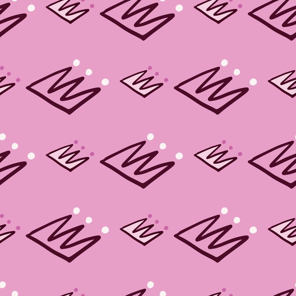 Purple contoured crown outline abstract elements. Pink background. Simple doodle print. vector
