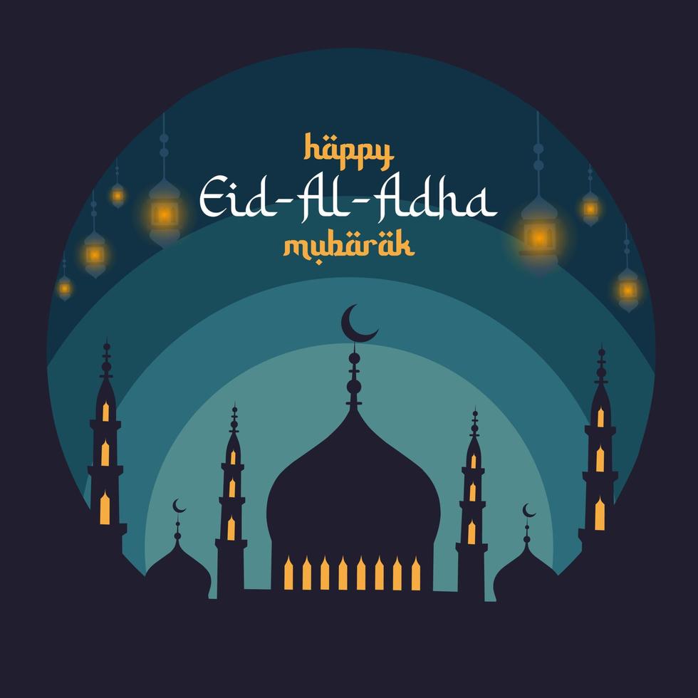 Eid al-Adha Mubarak translated into english as feast of the sacrifice. Drawn mosque night view with lantern. Arabic design background. greeting card, invitation, poster, flyer, banner, etc. vector