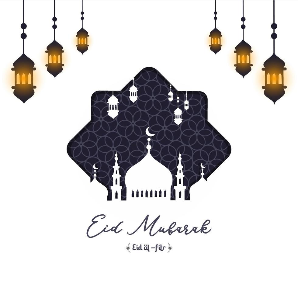 Eid fitr mubarak design illustration, mosque frame with decorative lantern. vector