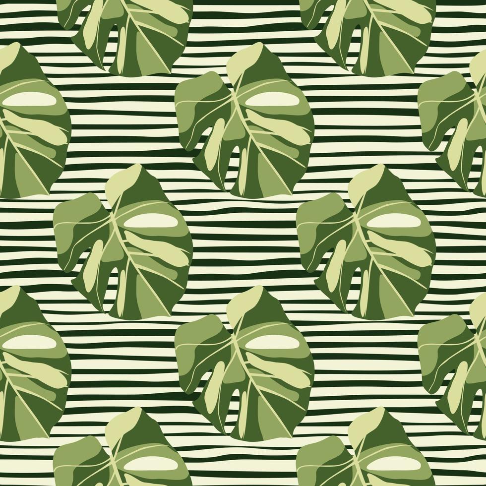 Doodle seamless exotic pattern with green monstera silhouettes. Tropic leafs on stripped background. vector