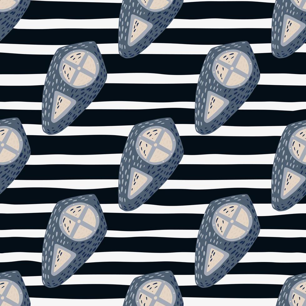 Diagonal located shield ornament seamless pattern. Medieval print in blue tones on monochrome background with black and white strips. vector