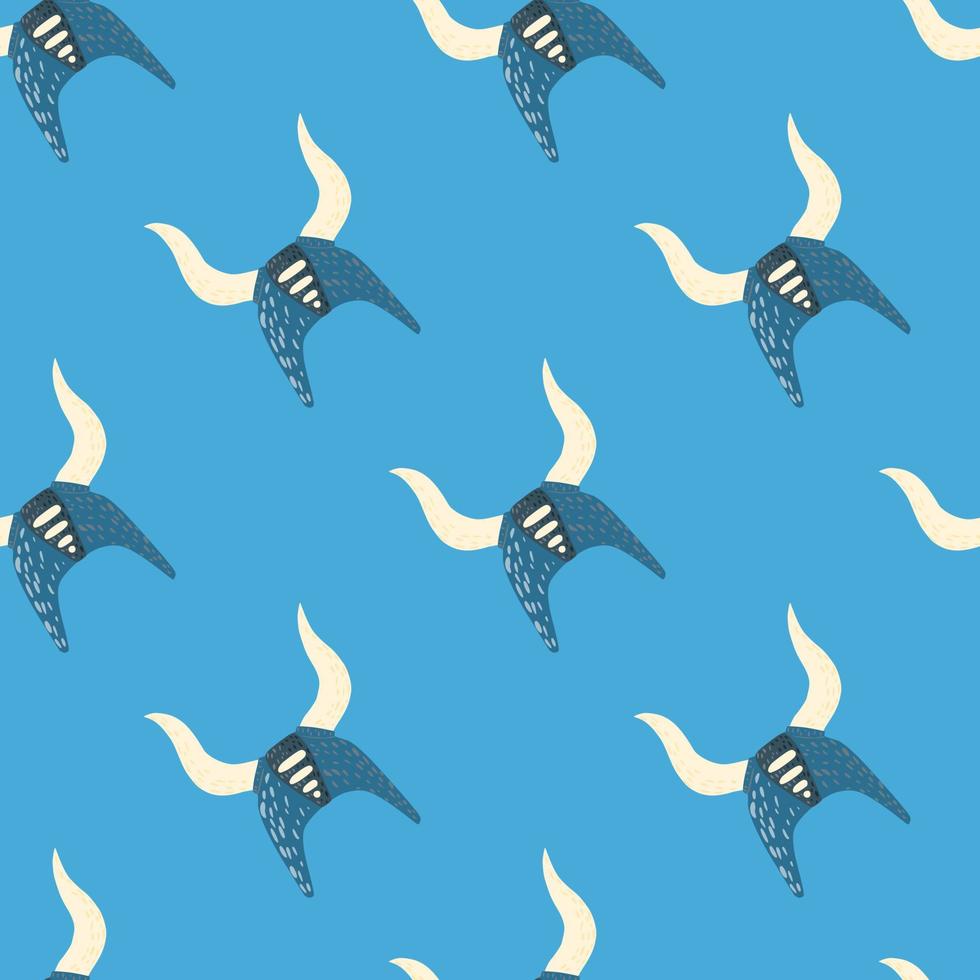 Bright seamless armor pattern with doodle viking helmets silhouettes. Scandinavian skull ancient print with blue background. vector