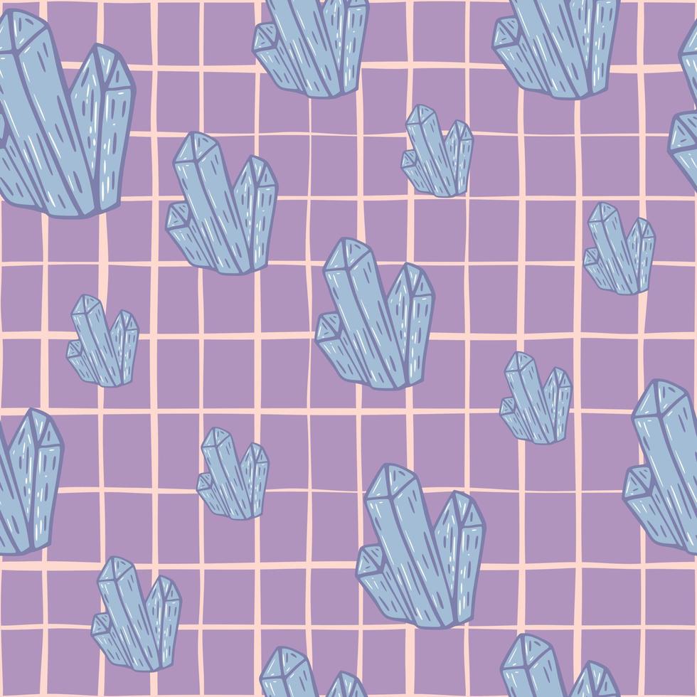 Blue pastel crystal silhouettes seamless doodle pattern. Magic print with purple chequered background. vector