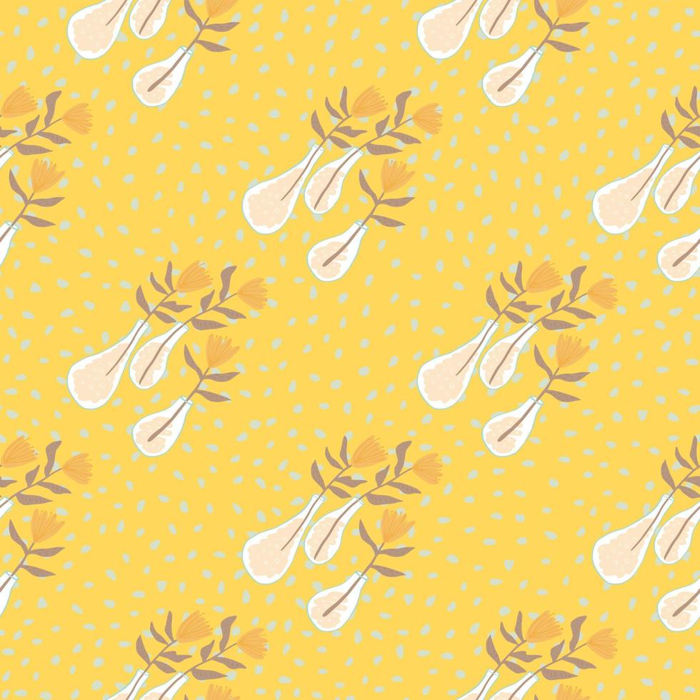 Summer botanic flowers seamless pattern. Floral ornament in a white vases on yellow background with dots. vector