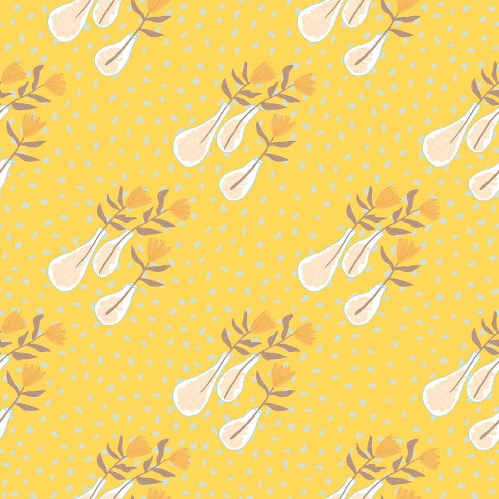 Summer botanic flowers seamless pattern. Floral ornament in a white vases on yellow background with dots. vector