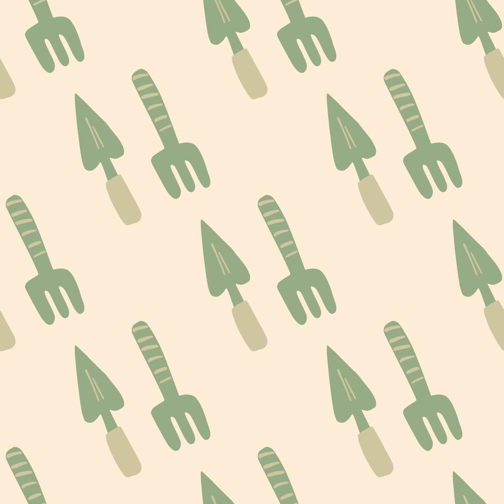 Pastel shovel and rake silhouettes seamless pattern. Soft green garden tools on light pink background. vector