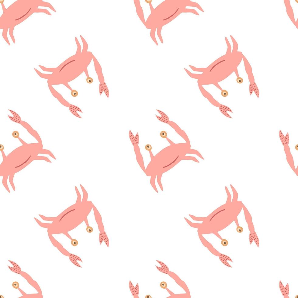 Simple isolated seamless seafood pattern with pink pastel crabs. Animal ornament on white background. vector