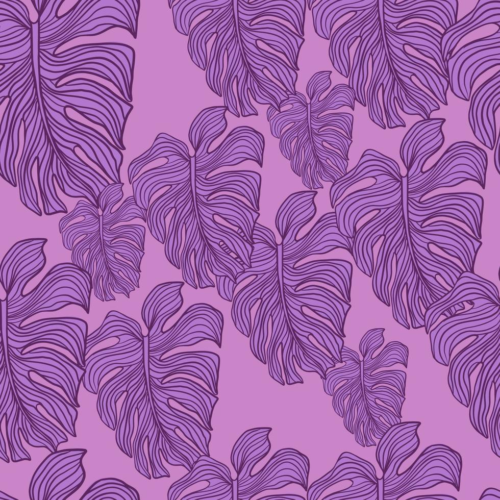 Modern monstera leaf seamless pattern on purple background. Tropical leaves philodendron plant silhouette backdrop. vector