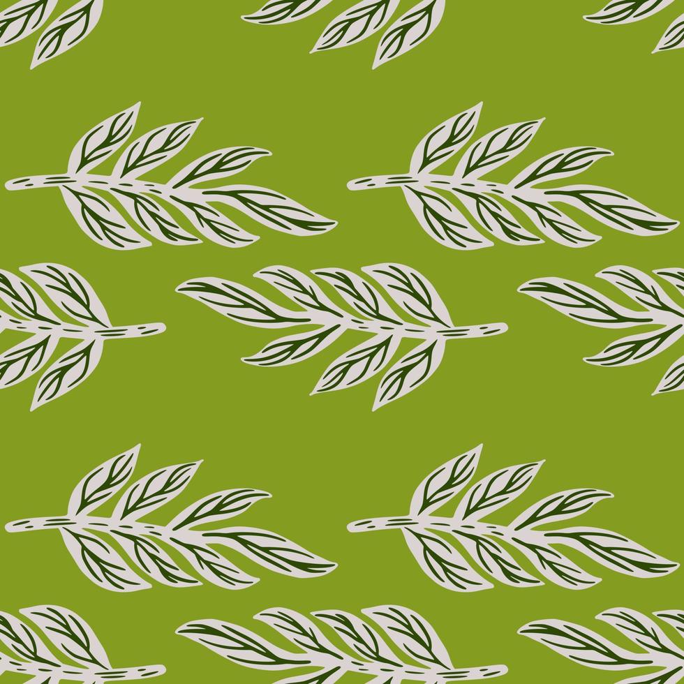 Grey tropic leaves branches seamless doodle pattern. Green background. Flora nature doodle backdrop. vector