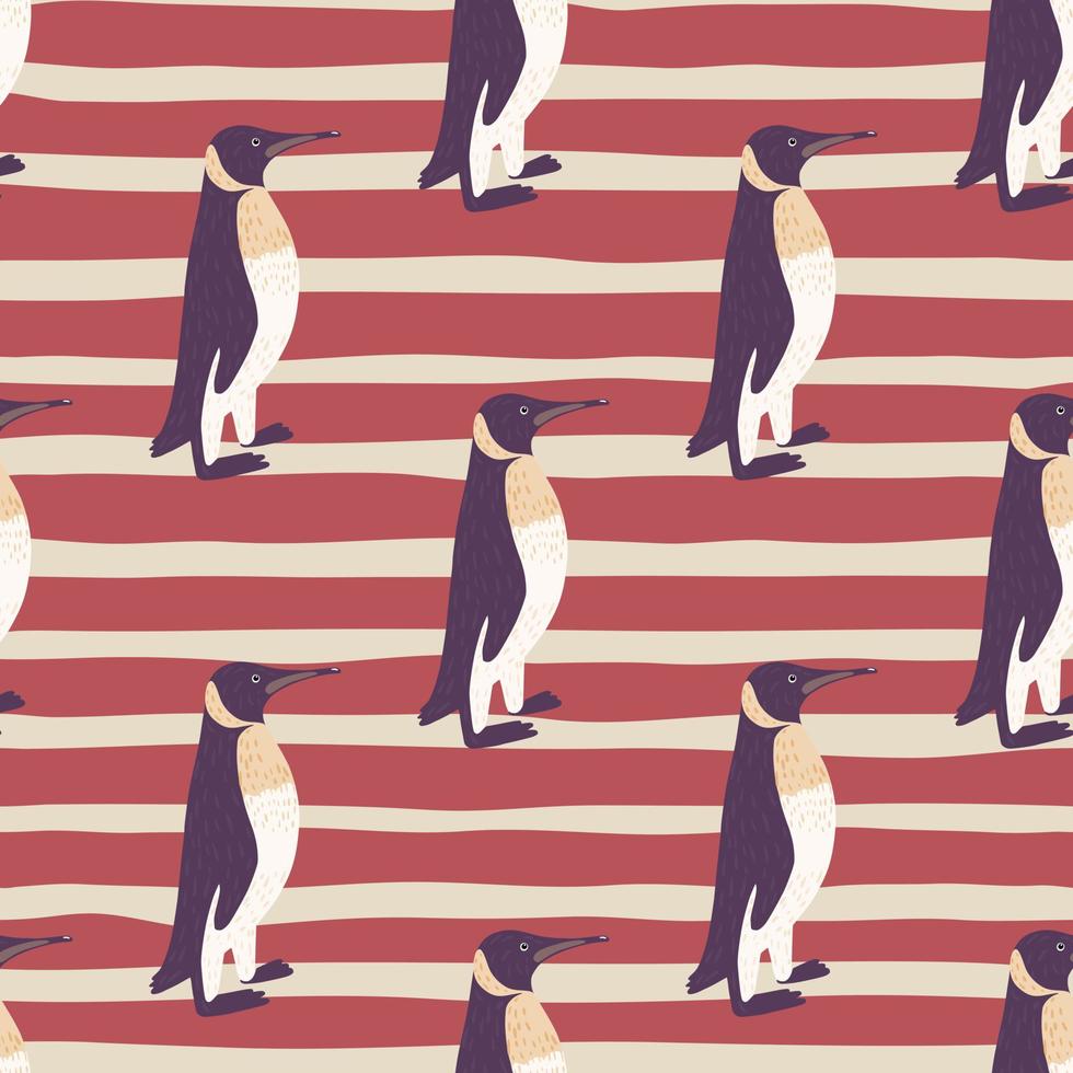 Arctic zoo seamless pattern with hand drawn purple penguin print. Striped red pale background. vector