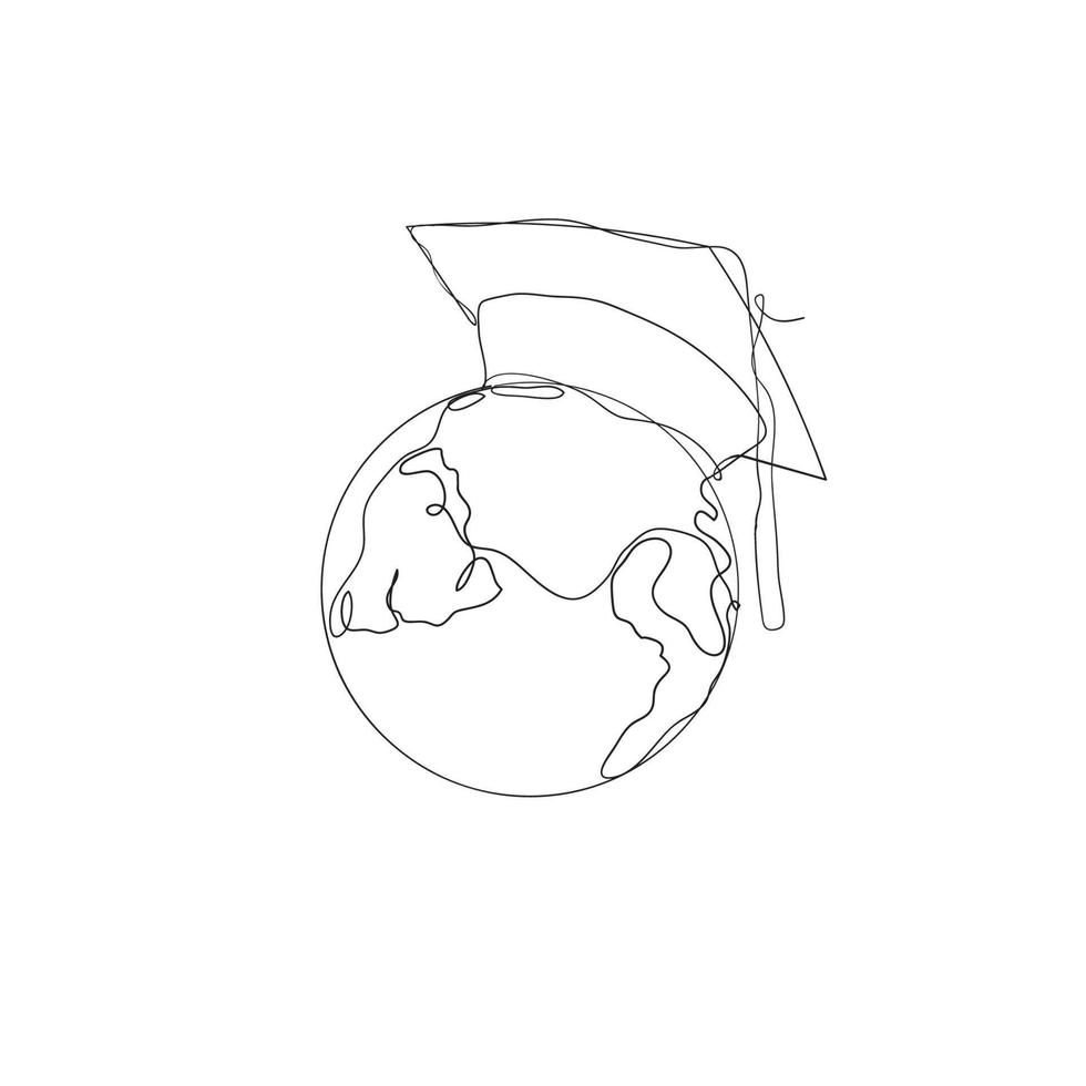 continuous line drawing earth planet with graduation hat illustration vector isolated