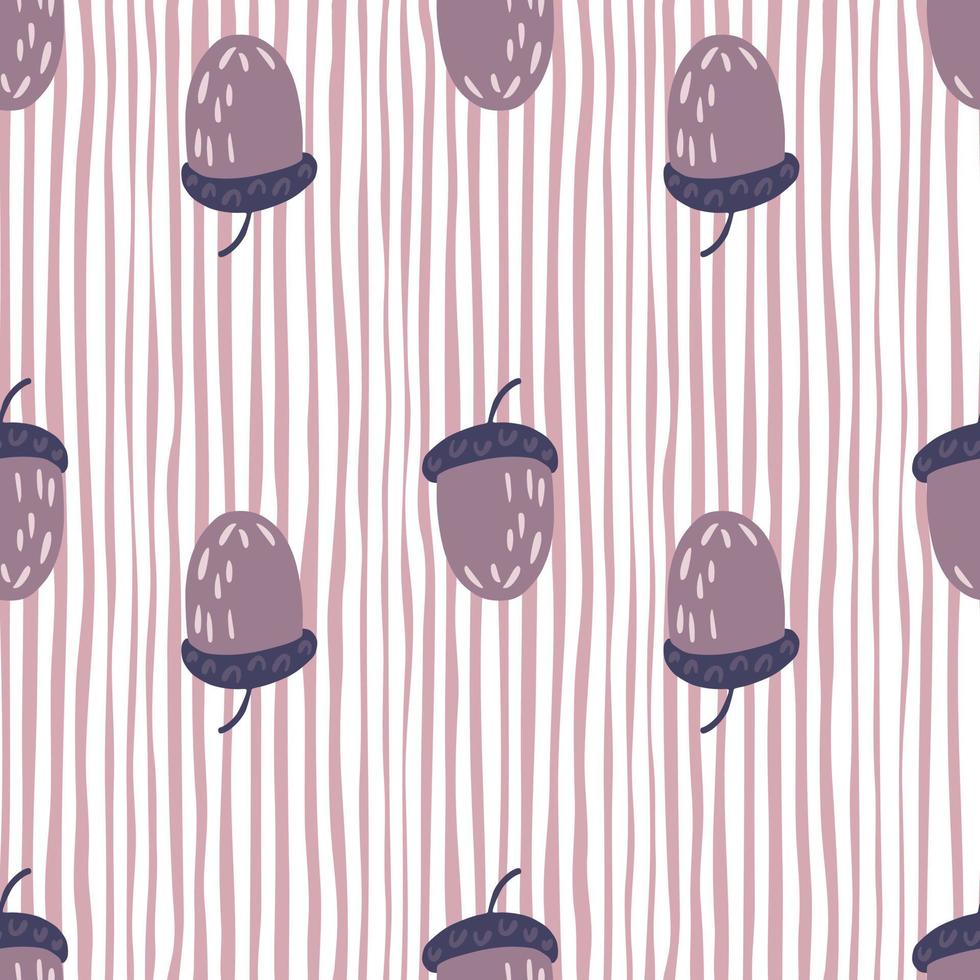 Doodle seamless forest pattern with acorn purple ornament. Light lilac and white striped background. vector