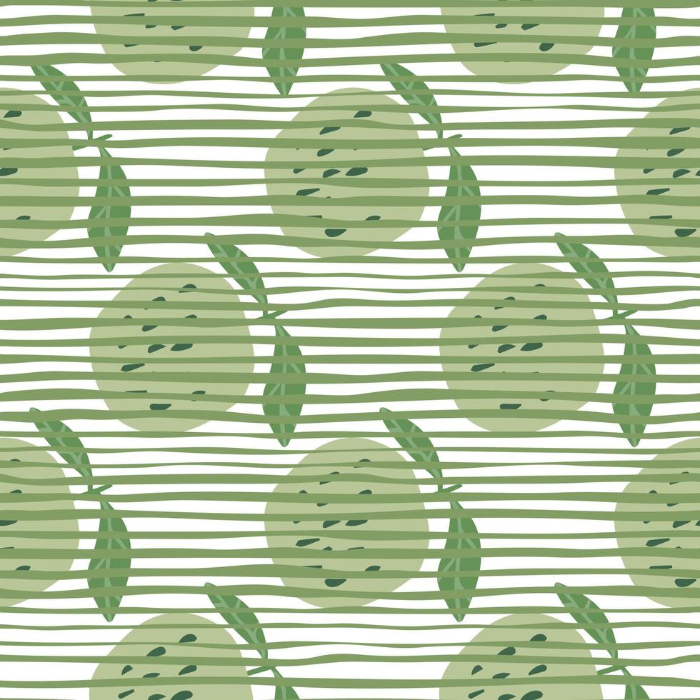 Green apples seamless pattern in doodle style on stripes background. vector