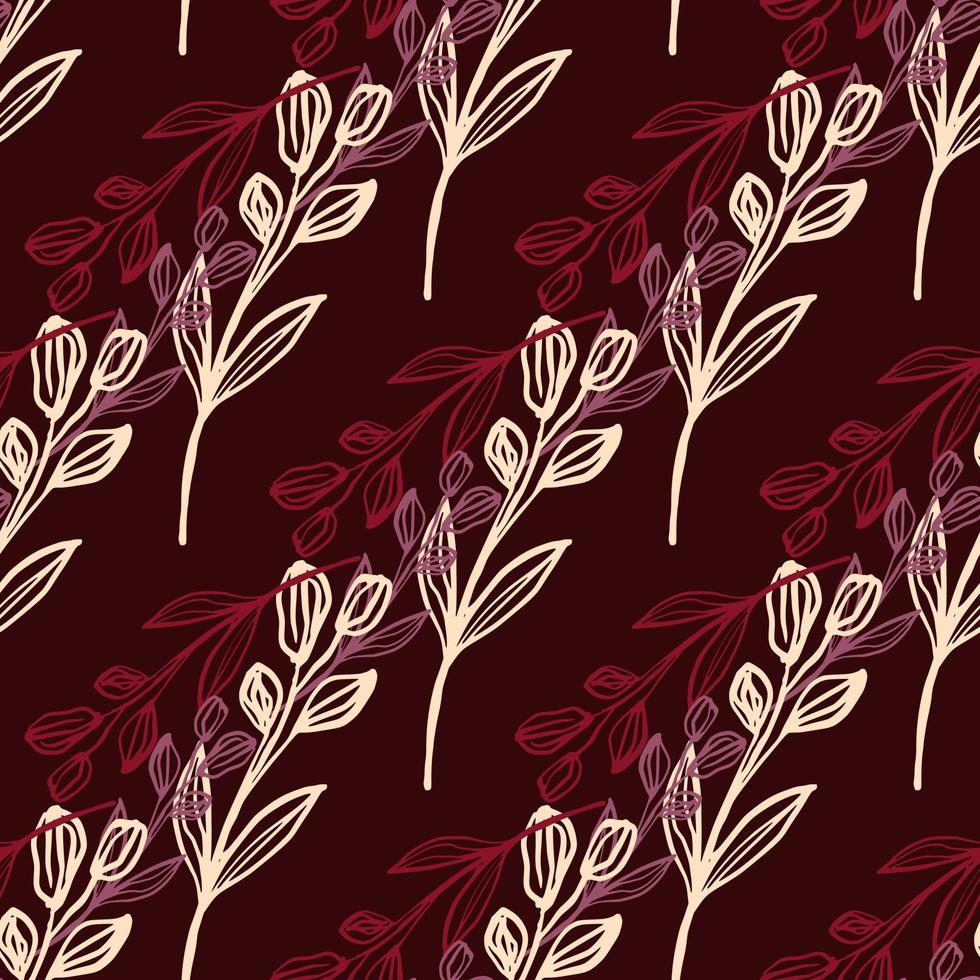 Vintage line art leaf seamless pattern on dark red background. Hand drawn floral botanical wallpaper. Retro backdrop for fabric design vector