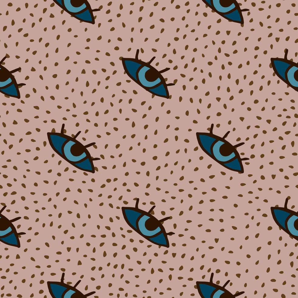 Eyes naive seamless pattern. Doodle artwork with blue elements and pink background with dots. vector