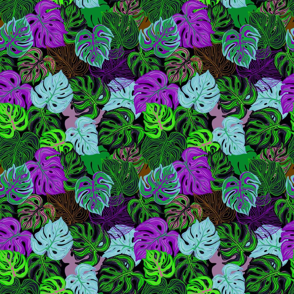 Neon monstera leaves seamless pattern. Acid tropical background. Vivid foliage backdrop. Tropical leaf. vector