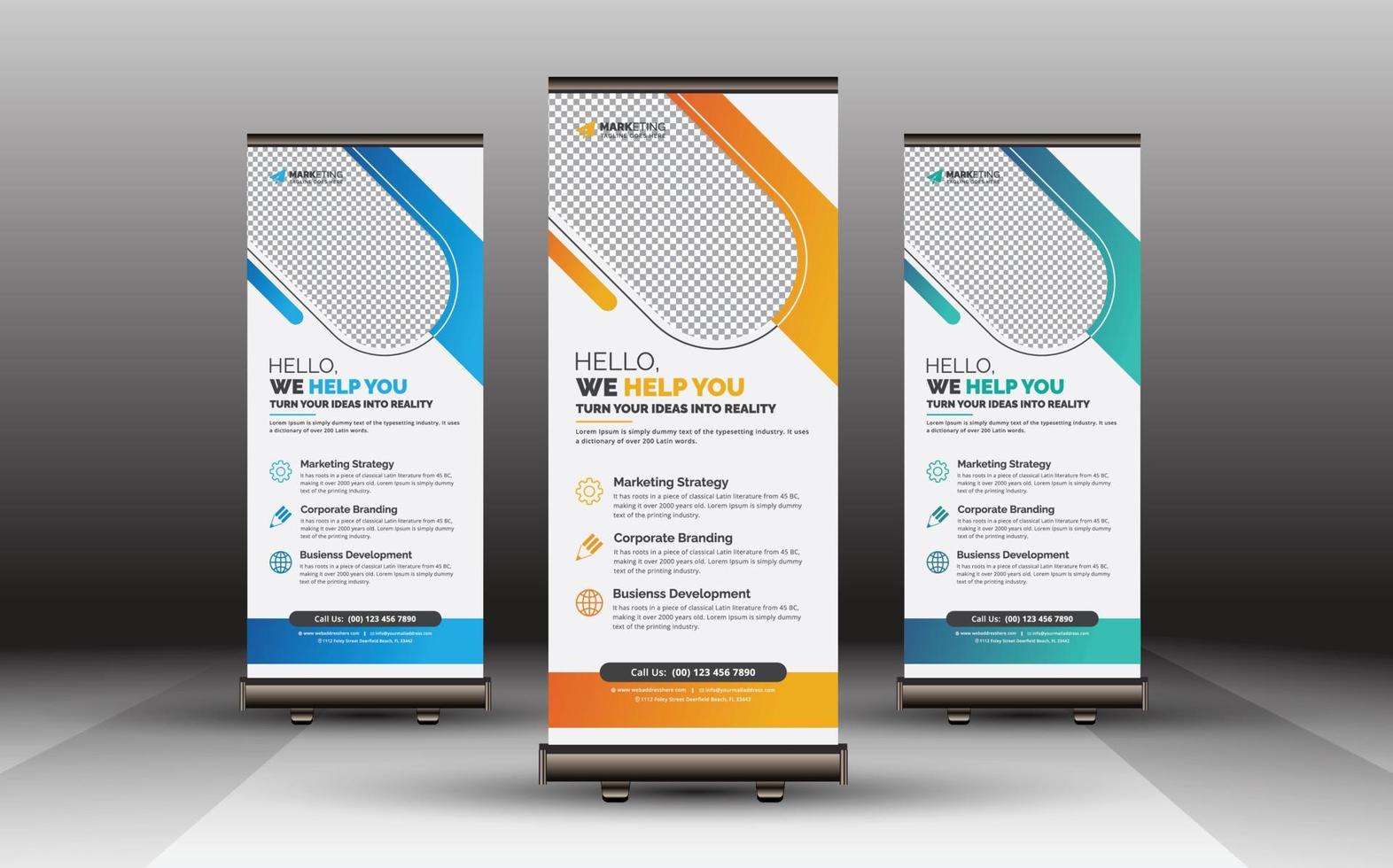 descarga de plantilla de banner enrollable corporativo, ejemplo de diseño emergente de standee x banner empresarial único moderno con degradado vector